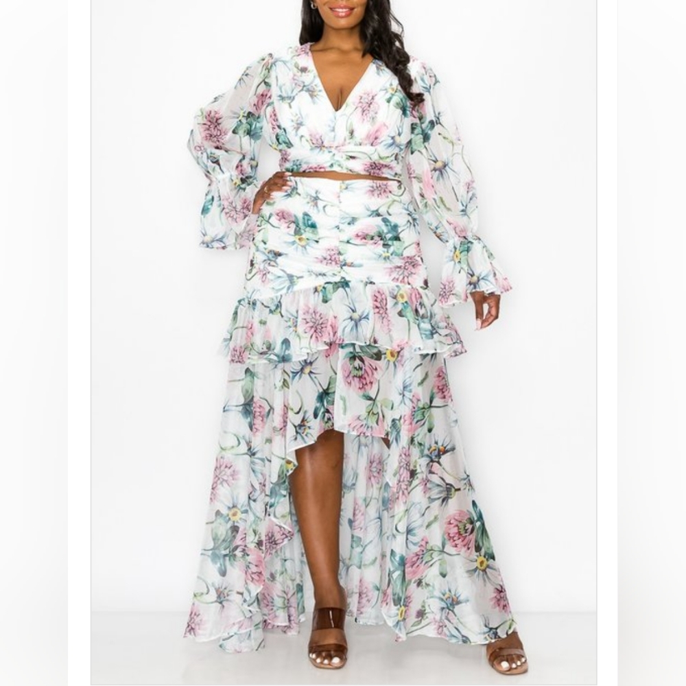 Floral two piece set, long puff sleeve top, and flowy maxi skirt.